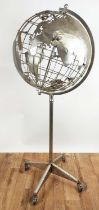 GLOBE, silvered metal, on stand, 154cm H.