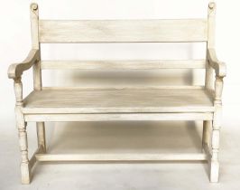 HALL BENCH, English Vintage traditionally grey painted with scroll uprights and bench seat, 118cm W.