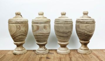 JARS WITH COVERS, a set of four, turned wood, 43.5cm H. (4)