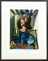PABLO PICASSO, 'Girl in chair', gicleé lithograph, 36cm x 27cm, signed, framed. (Subject to ARR -