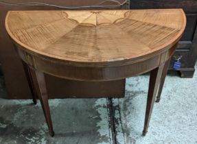 DEMI LUNE CARD TABLE, George III harewood and satinwood, circa 1790, with foldover red baize lined