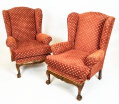 WING ARMCHAIRS, 96cm H x 74cm W, a pair, Georgian style beechwood in terracotta patterned