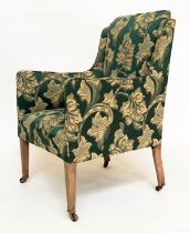 ARMCHAIR, Edwardian with green/gold damask upholstery and square tapering supports, 59cm W.