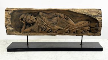 SLEEPING BUDDHA, carved wood on stand, 76cm W x 32cm H.