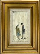 MANNER OF L S LOWRY (British 1887-1976), 'Two figures', oil on board, 24cm x 11.5cm, framed.