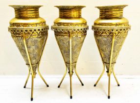 VASES ON STANDS, set of three, tapered form, textured gilt metal, 58cm H x 22cm diam. (3)