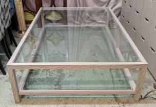 COFFEE TABLE, 180cm x 45cm H x 121cm, with a grey painted blind fretwork frame and glass top and