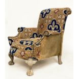 ARMCHAIR, early 20th century Queen Anne style walnut with 'trefoil' tapestry upholstery and carved
