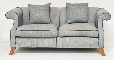 LINLEY SOFA, Bespoke Linley made with blue trim over scroll arms and splay feet, 205cm W.