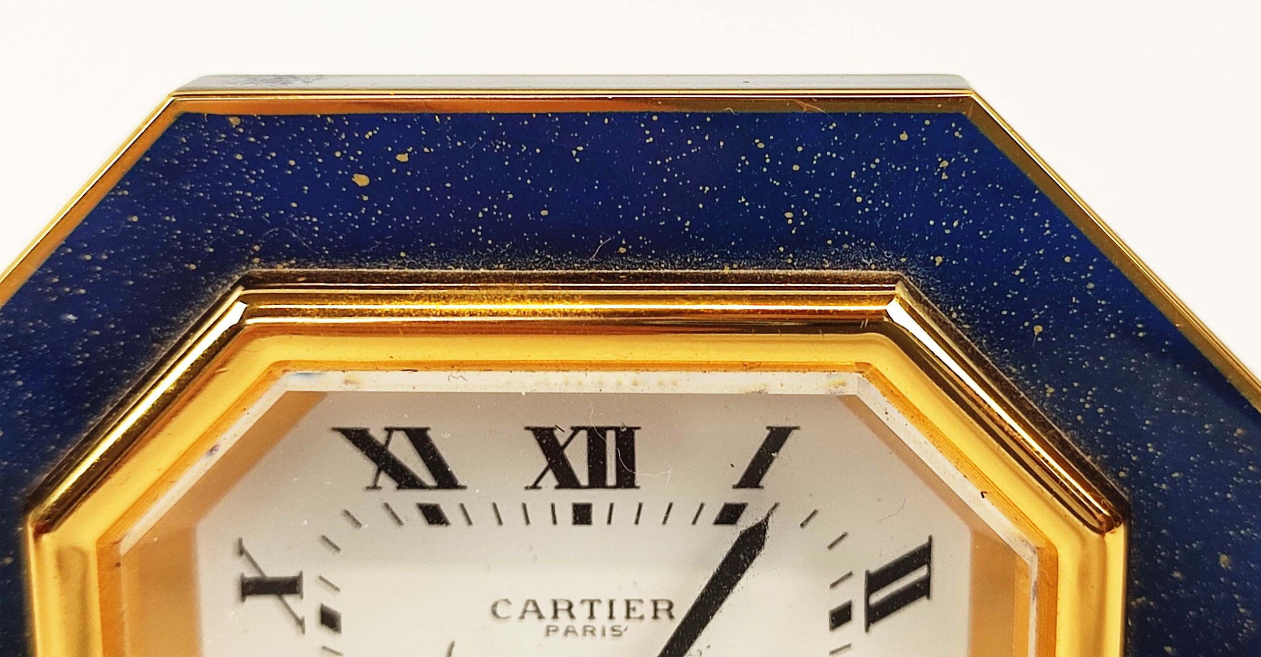 A CARTIER TRAVELLING CLOCK, simulated lapis lazuli enameled gilt octagonal case, white dial with - Image 6 of 19