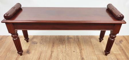 HALL BENCH, 19th century style, mahogany with reeded turned supports, 105cm x 31.5cm 52cm.