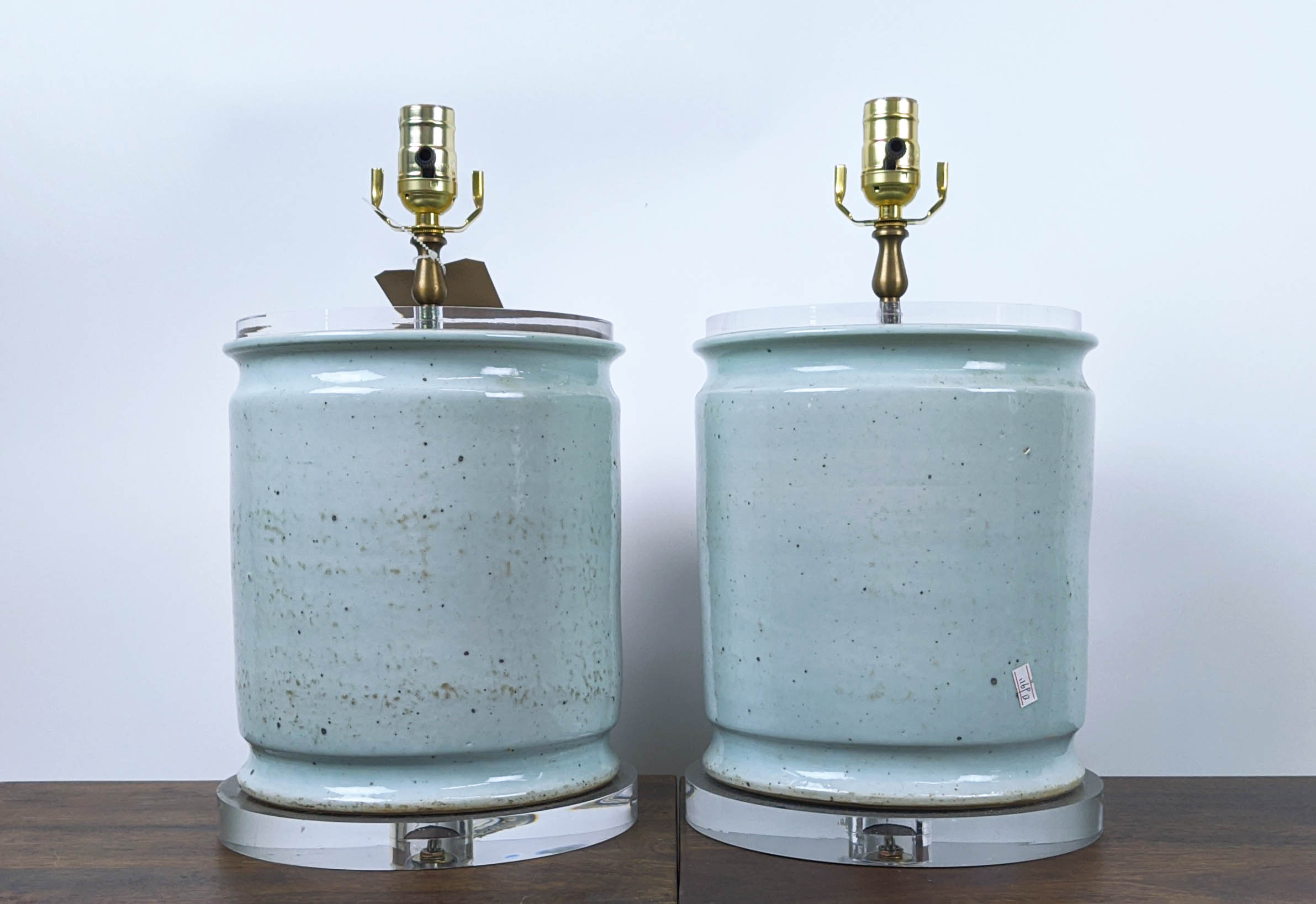 PAOLO MOSCHINO CELADON CACHE POT LAMPS, a pair, 42cm H. (2)