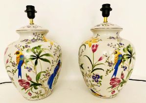 TABLE LAMPS, a pair, 46cm high, 27cm diameter, transfer printed decoration depicting exotic birds