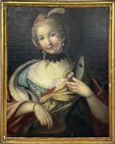 MANNER OF PETRO LONGHI (Venice 1701-1785) 'Woman with a Mask', oil on canvas, 75cm x 60cm, framed.