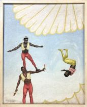 W D JONES, (USA) 'Acrobats', oil on canvas, 56cm x 45cm, signed, framed.