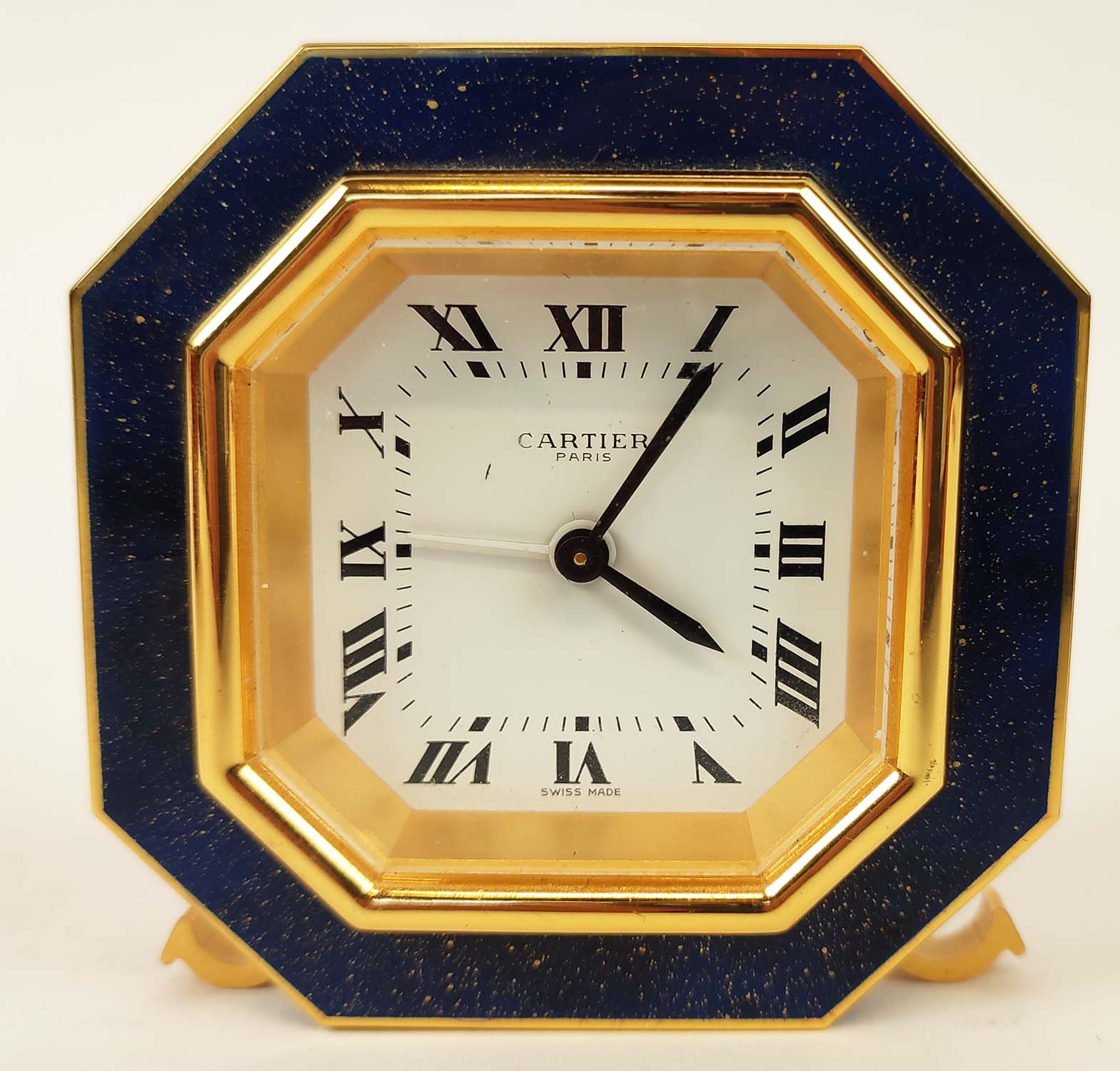 A CARTIER TRAVELLING CLOCK, simulated lapis lazuli enameled gilt octagonal case, white dial with - Image 3 of 19