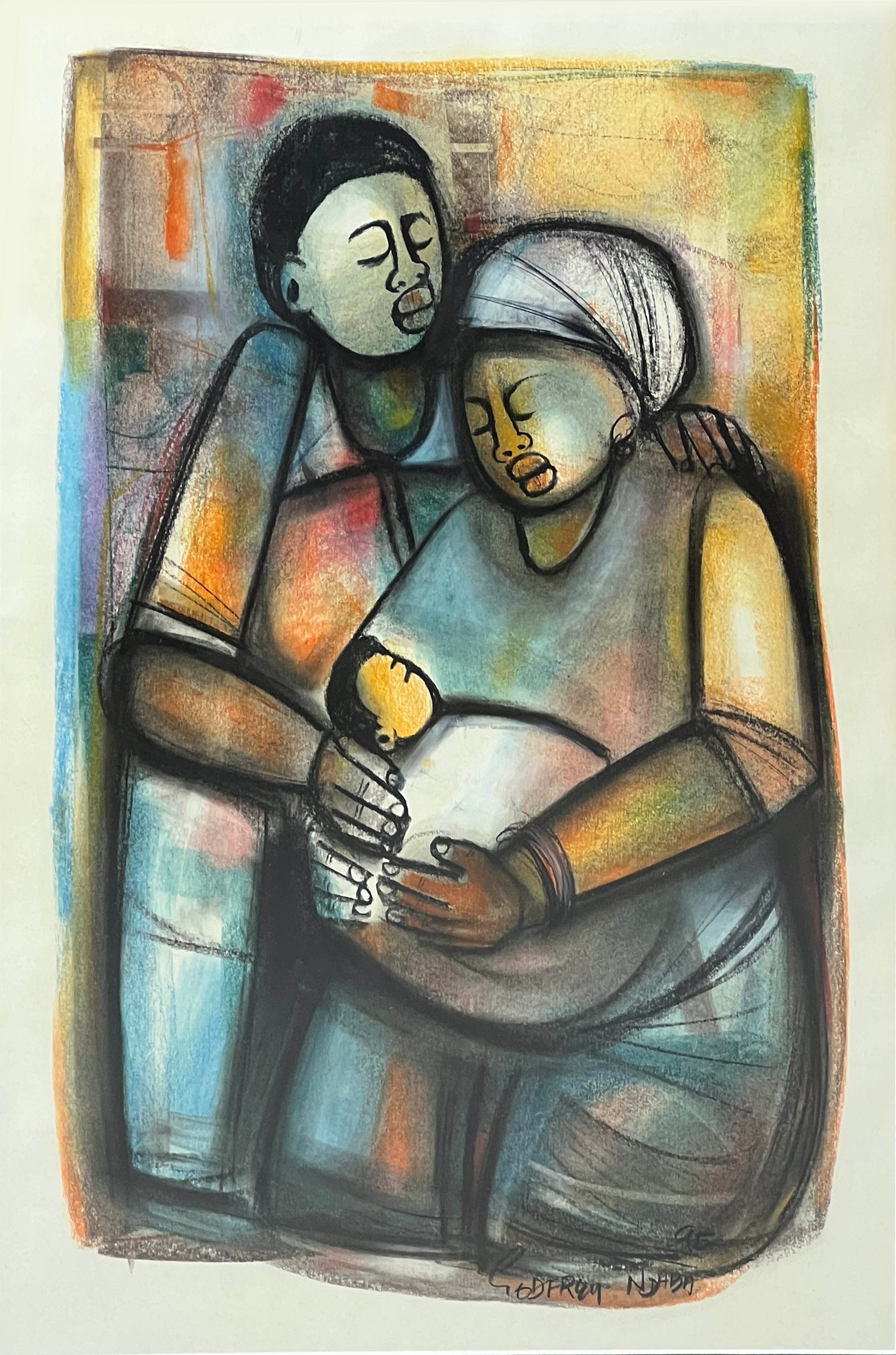 GODFREY NDABA (born 1947, South Africa) 'Family', crayon and water colour, 53cm x 40cm, signed and - Image 2 of 3