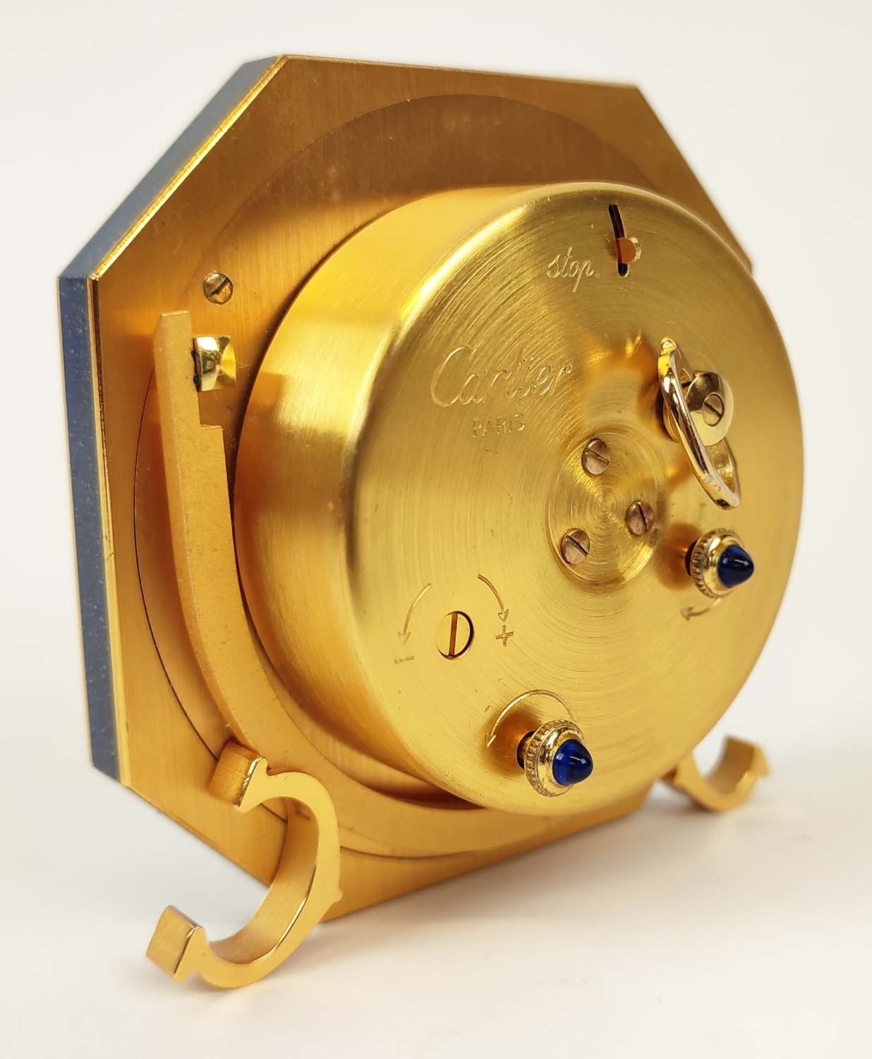 A CARTIER TRAVELLING CLOCK, simulated lapis lazuli enameled gilt octagonal case, white dial with - Image 8 of 19