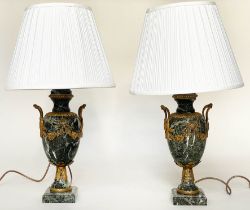 TABLE LAMPS, a pair, green marble and ormolu mounted with handles, swag decoration and plinth