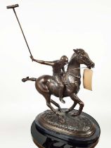 POLO PLAYER, cast metal sculptural study, stone base, 79cm H.