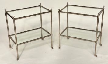 LAMP TABLES, a pair, nickel framed each with two tiers and bevelled glass, 52cm x 32cm x 60cm H. (2)