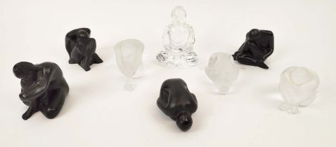 LALIQUE MINIATURE GLASS FIGURES, collection of seven, comprising three clear frosted glass