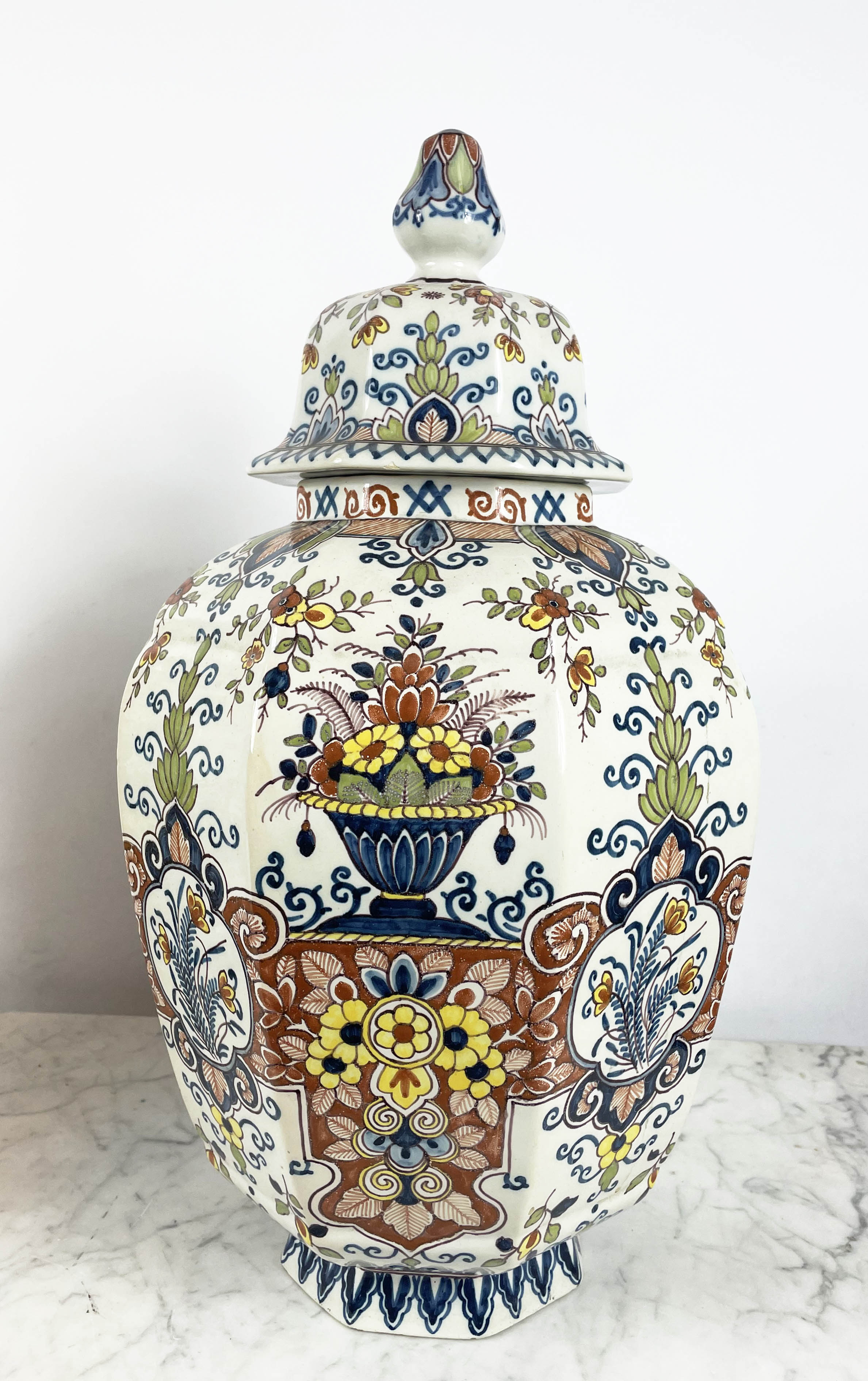 LIDDED DELFT VASES, a pair, 19th century polychrome painted, faceted octagonal form, with foliate - Image 3 of 13