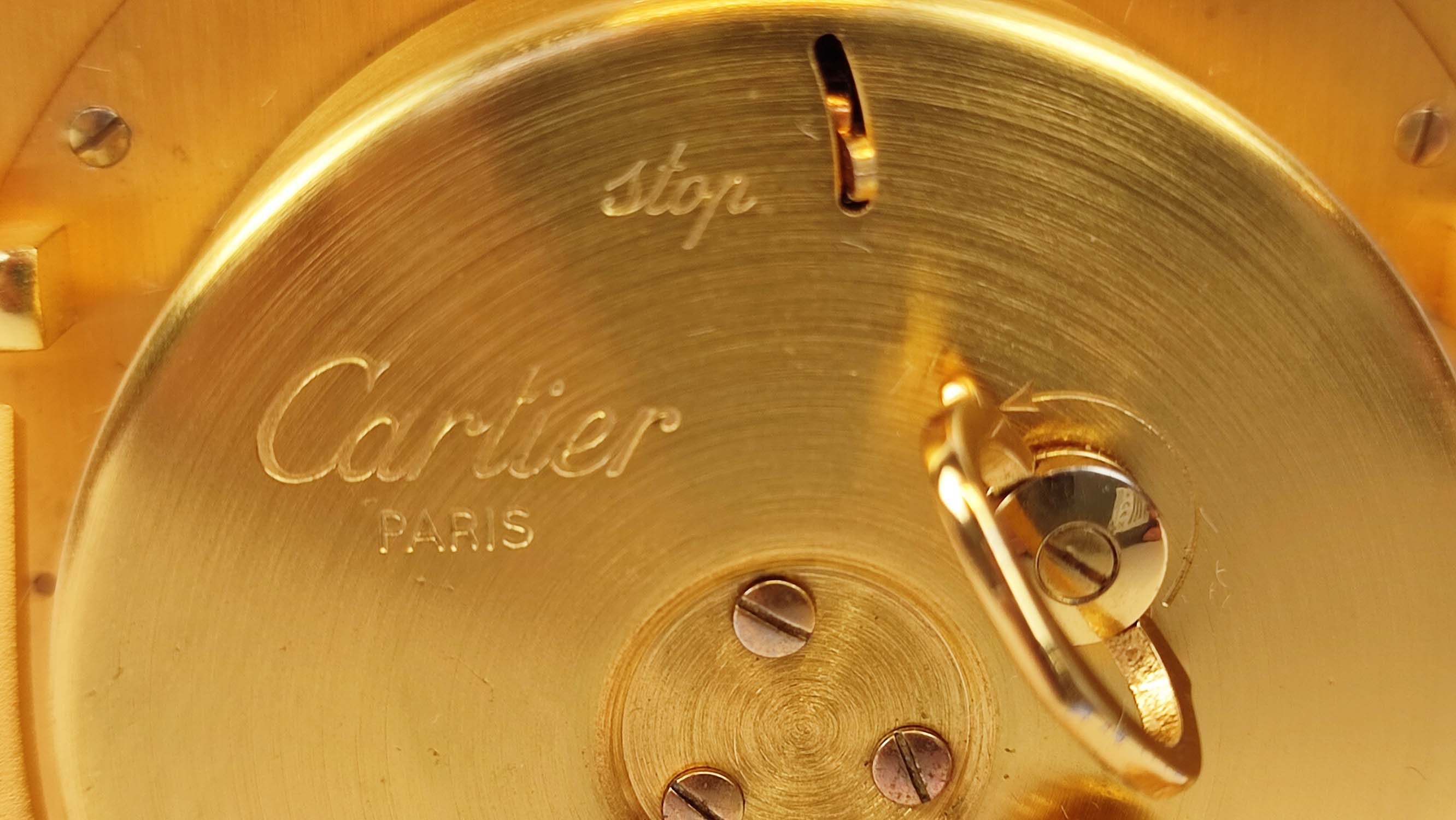 A CARTIER TRAVELLING CLOCK, simulated lapis lazuli enameled gilt octagonal case, white dial with - Image 13 of 19