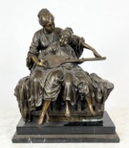 MILO BRONZE 'MUSIC LESSON', mother teaching her child to play a mandolin, 41cm x 53cm.