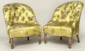 BERGERES, a pair, late 19th century French beechwood, each with foliate and lemon silk upholstery