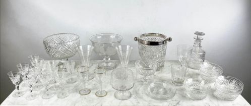 CHAMPAGNE COOLER AND QUANTITY OF CUT AND ETCHED GLASSWARE, including ten sherry glasses, a