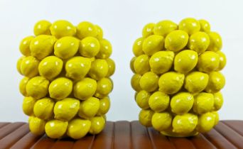 VASES, a pair, glazed yellow ceramic, with lemon detail, 30cm H approx. (2)