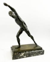 BRONZE BORGHESE GLADIATOR, with foundry mark on variegated green and white marble base, 38cm H x