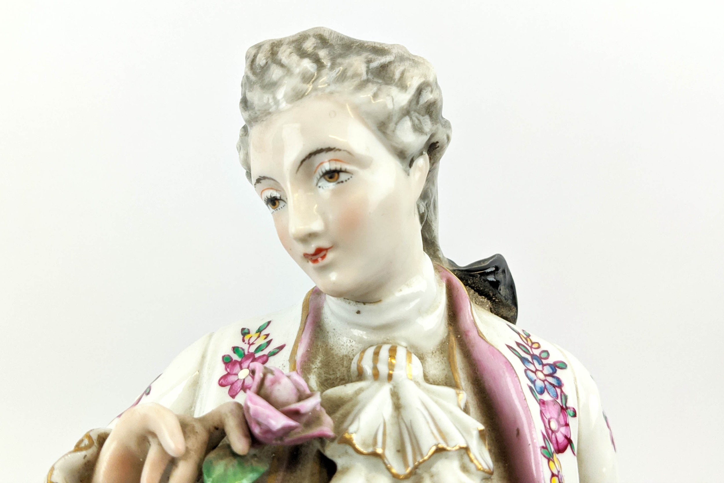 PORCELAIN FIGURE, Dresden style, modelled as a gentlemen dandy with rose and a lady with mirror, - Image 4 of 12