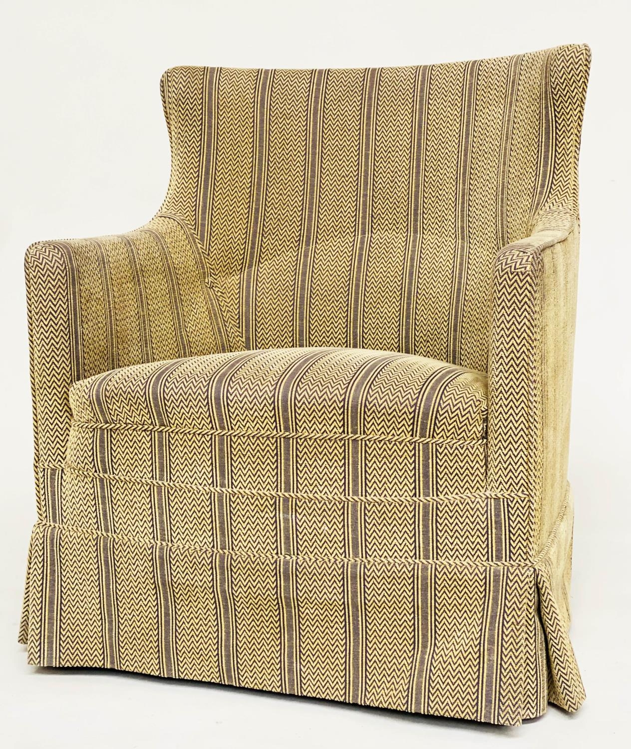 ARMCHAIR, Edwardian style striped herringbone taupe fabric with straight back and skirts, 82cm W.