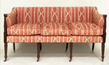 SOFA, George III mahogany with terracotta cream trellis and stripe cotton upholstery and fluted