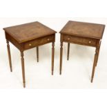 LAMP TABLES, a pair, George III design, burr elm and yew crossbanded each with frieze drawer and