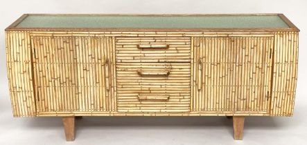 'ANGRAVES' SIDEBOARD, early 1960s bamboo with drawers flanked by cupboards and glass top by '