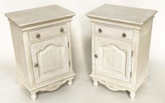 BEDSIDE CABINETS, a pair, French Louis XV design, grey painted each with drawer and panelled