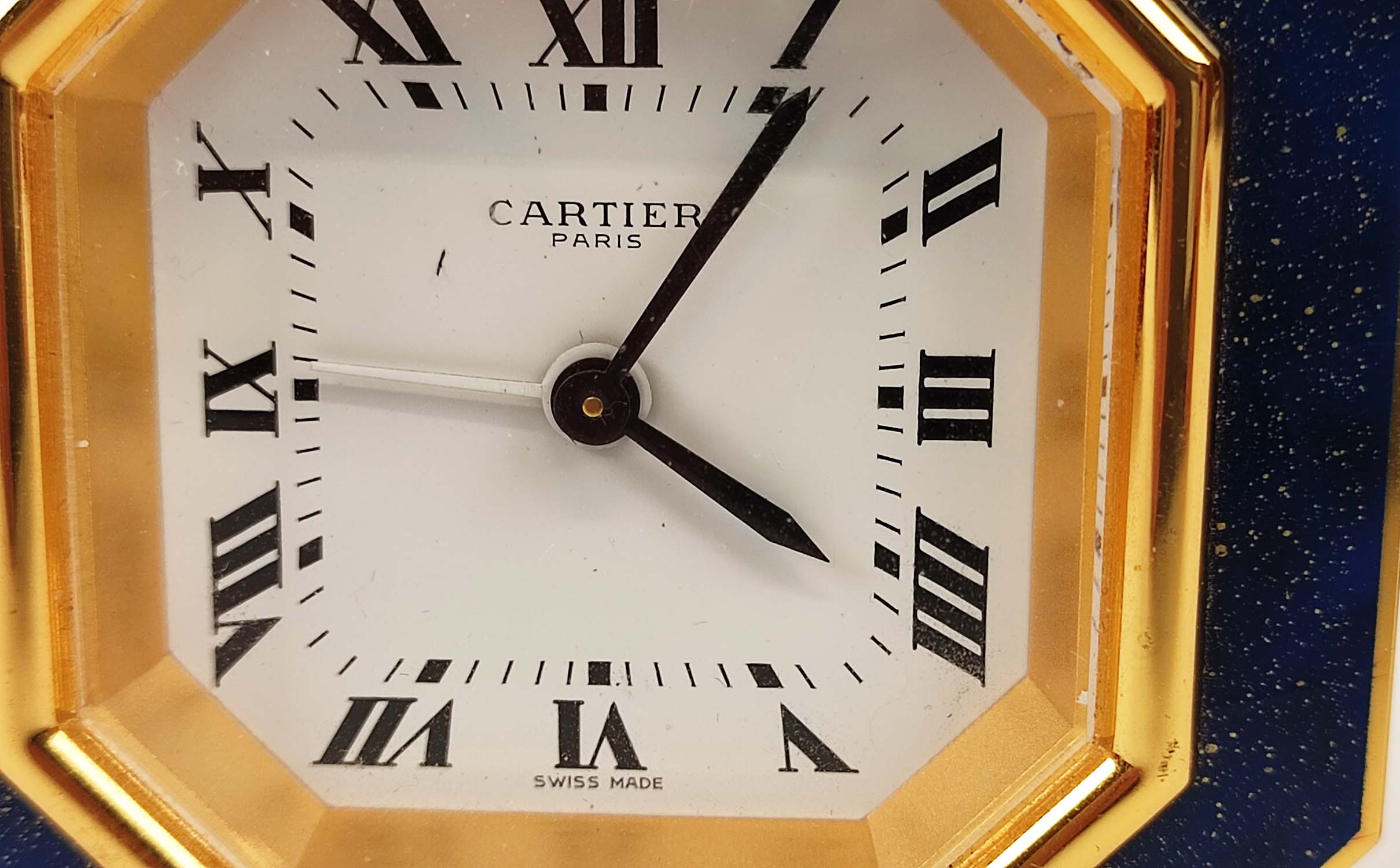 A CARTIER TRAVELLING CLOCK, simulated lapis lazuli enameled gilt octagonal case, white dial with - Image 5 of 19