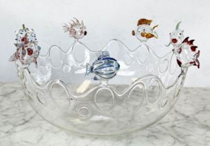 MASSIMO LUNARDON FOR DIOR, a glass bowl with seven multi coloured glass fish, 40cm D.