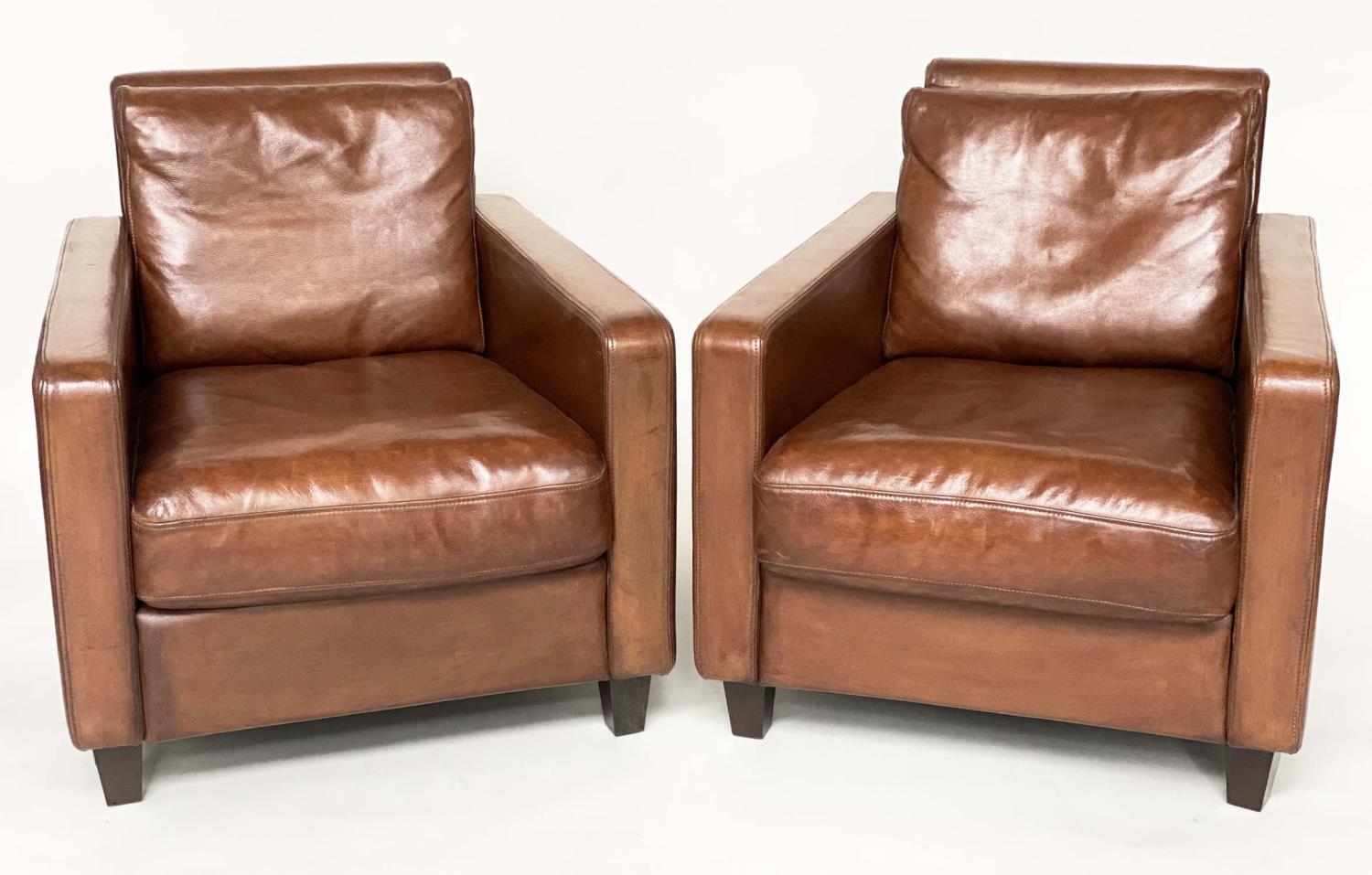 ARMCHAIRS, a pair, 1970s Conran design, mid brown leather upholstered with square back and arms