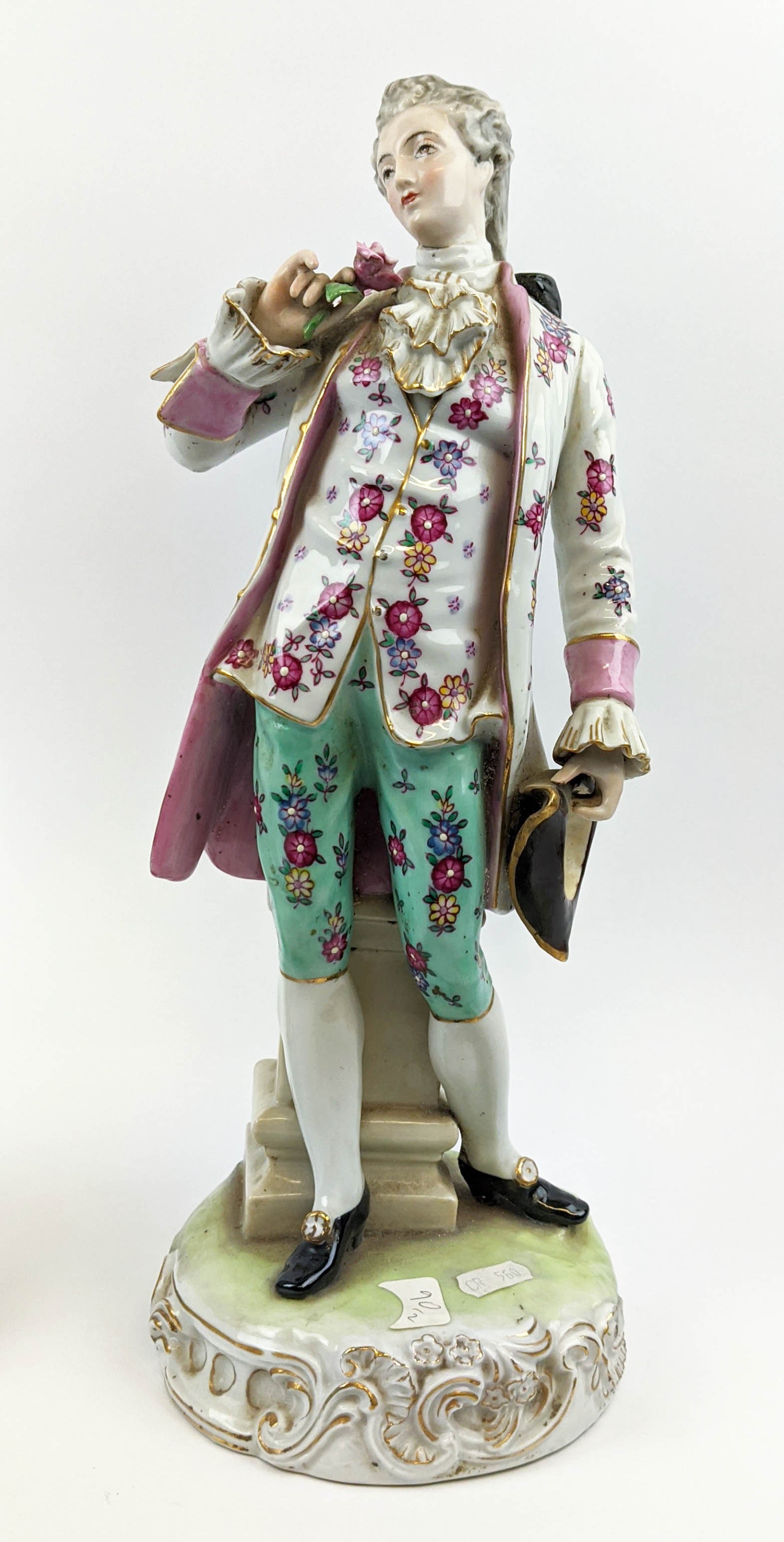 PORCELAIN FIGURE, Dresden style, modelled as a gentlemen dandy with rose and a lady with mirror, - Image 2 of 12