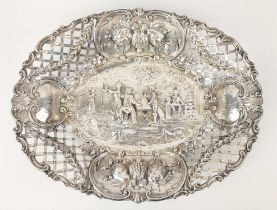 ROCOCO REVIVAL OVAL BASKET, white metal probably Dutch, embossed decoration throughout, 35cm x 27cm,