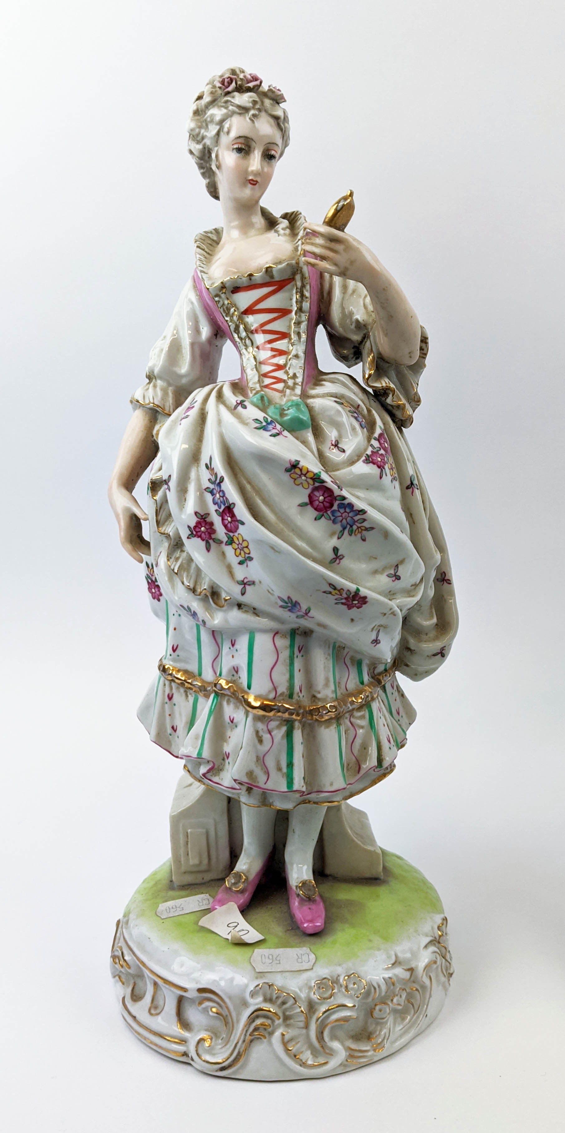 PORCELAIN FIGURE, Dresden style, modelled as a gentlemen dandy with rose and a lady with mirror, - Image 3 of 12