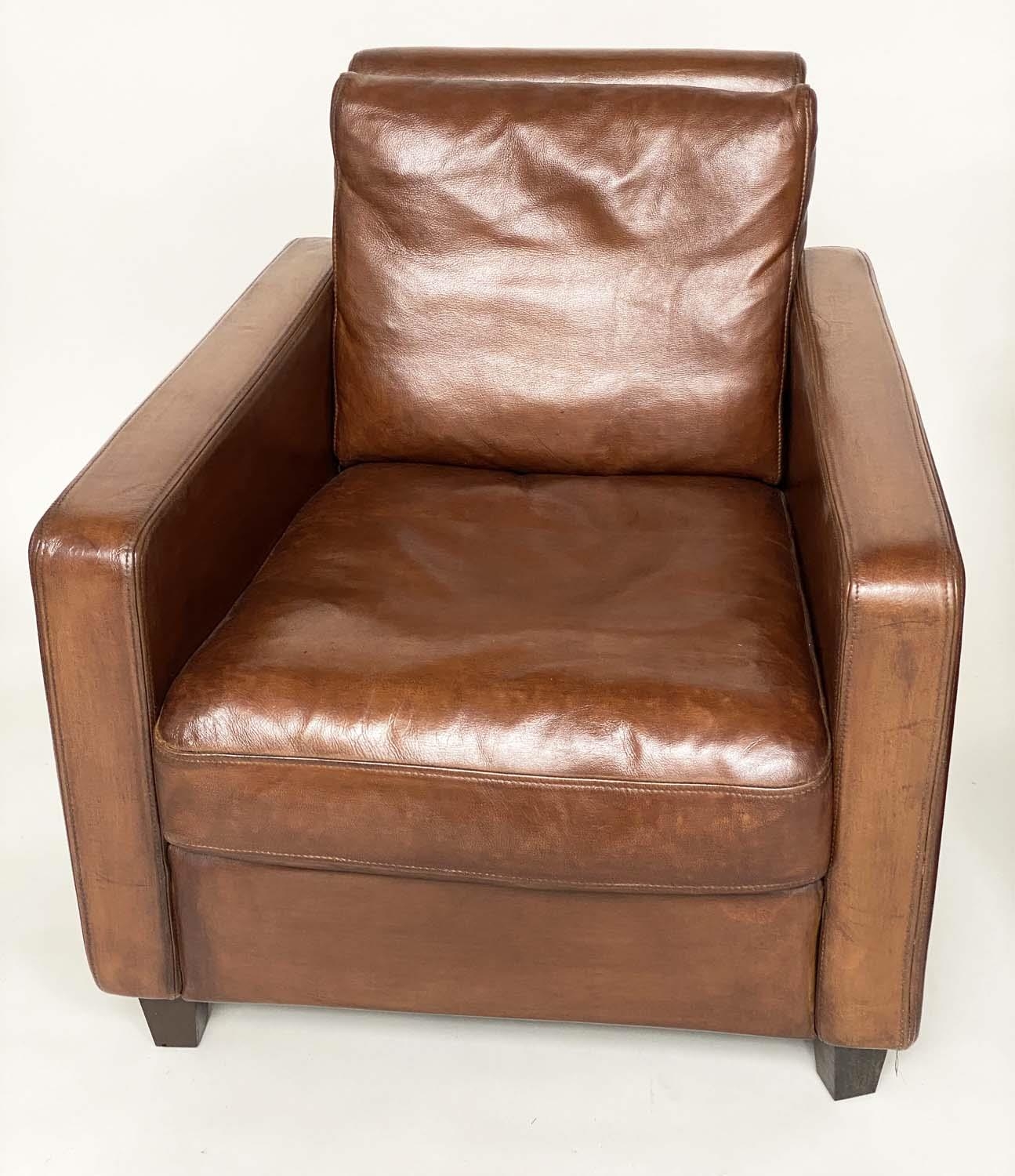 ARMCHAIRS, a pair, 1970s Conran design, mid brown leather upholstered with square back and arms - Bild 2 aus 13