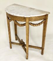 CONSOLE TABLE, 19th century North Italian carved giltwood and gesso moulded demilune outline with