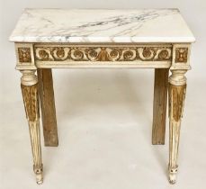 CONSOLE TABLE, Italian gilt and parcel gilt, demilune with fluted supports and Carrara marble top,