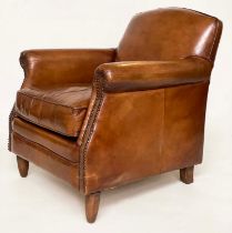 'LITTLE PROFESSOR' ARMCHAIR, French style studded mid brown leather upholstered with scroll arms and