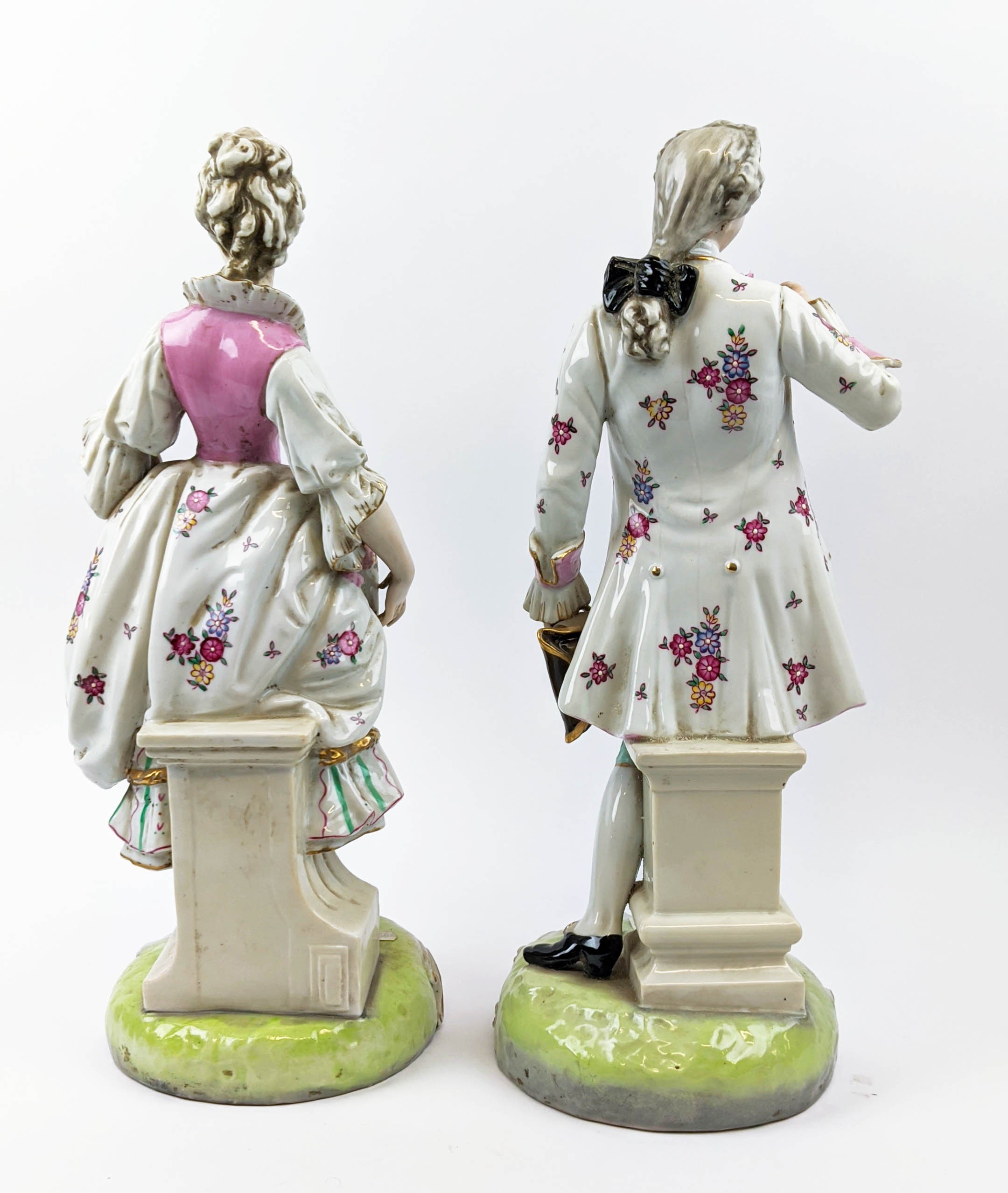 PORCELAIN FIGURE, Dresden style, modelled as a gentlemen dandy with rose and a lady with mirror, - Image 10 of 12